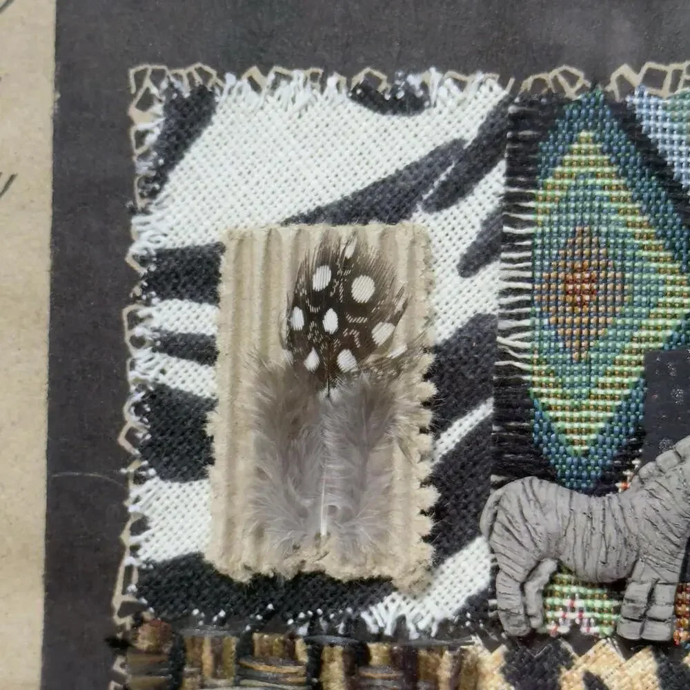 Framed Mixed Media African Safari Wildlife Tribal Wall Art Textile Decor 10x12